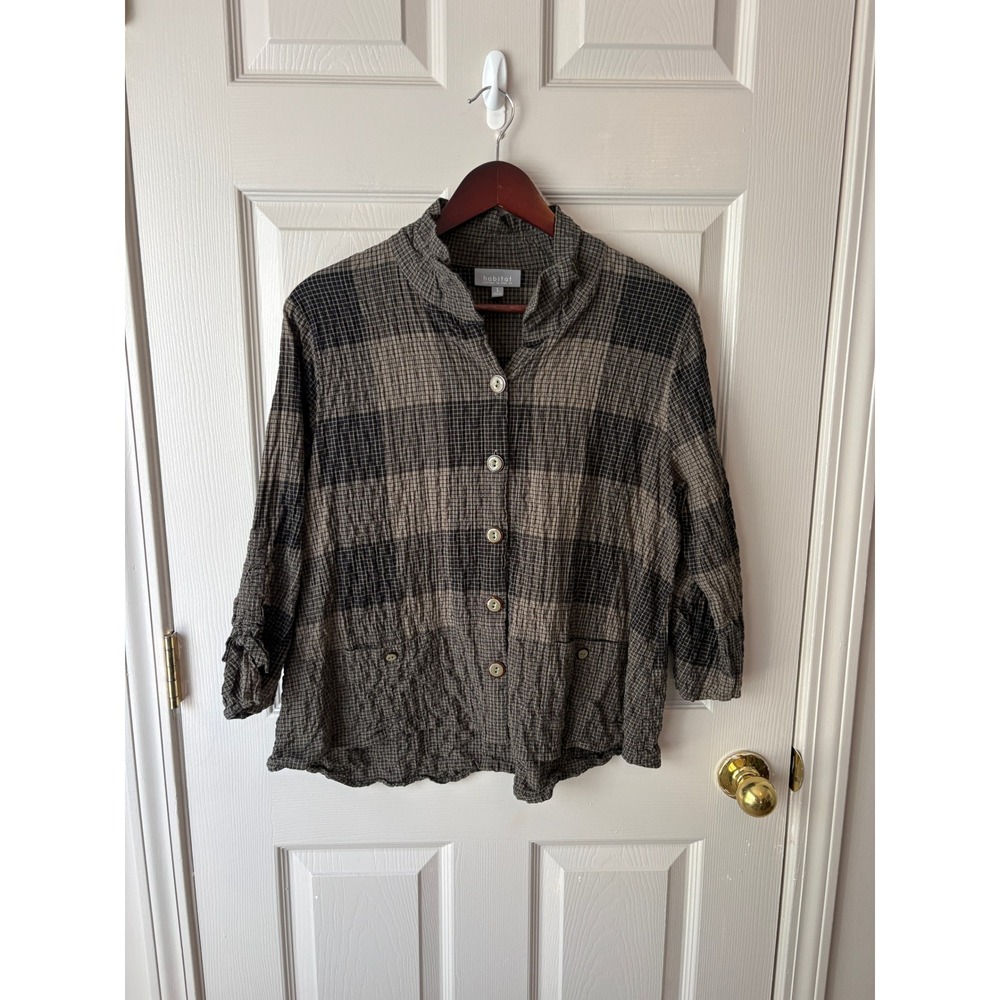 Habitat Button Front Shirt Womens S Gray Plaid Crinkle Lagenlook Funnel Neck
